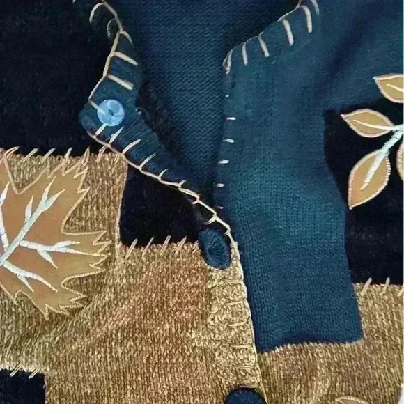 Vintage 80s Victoria Harbour Sweater Size M  Leaf Patchwork Print Black Fall - Picture 9 of 13